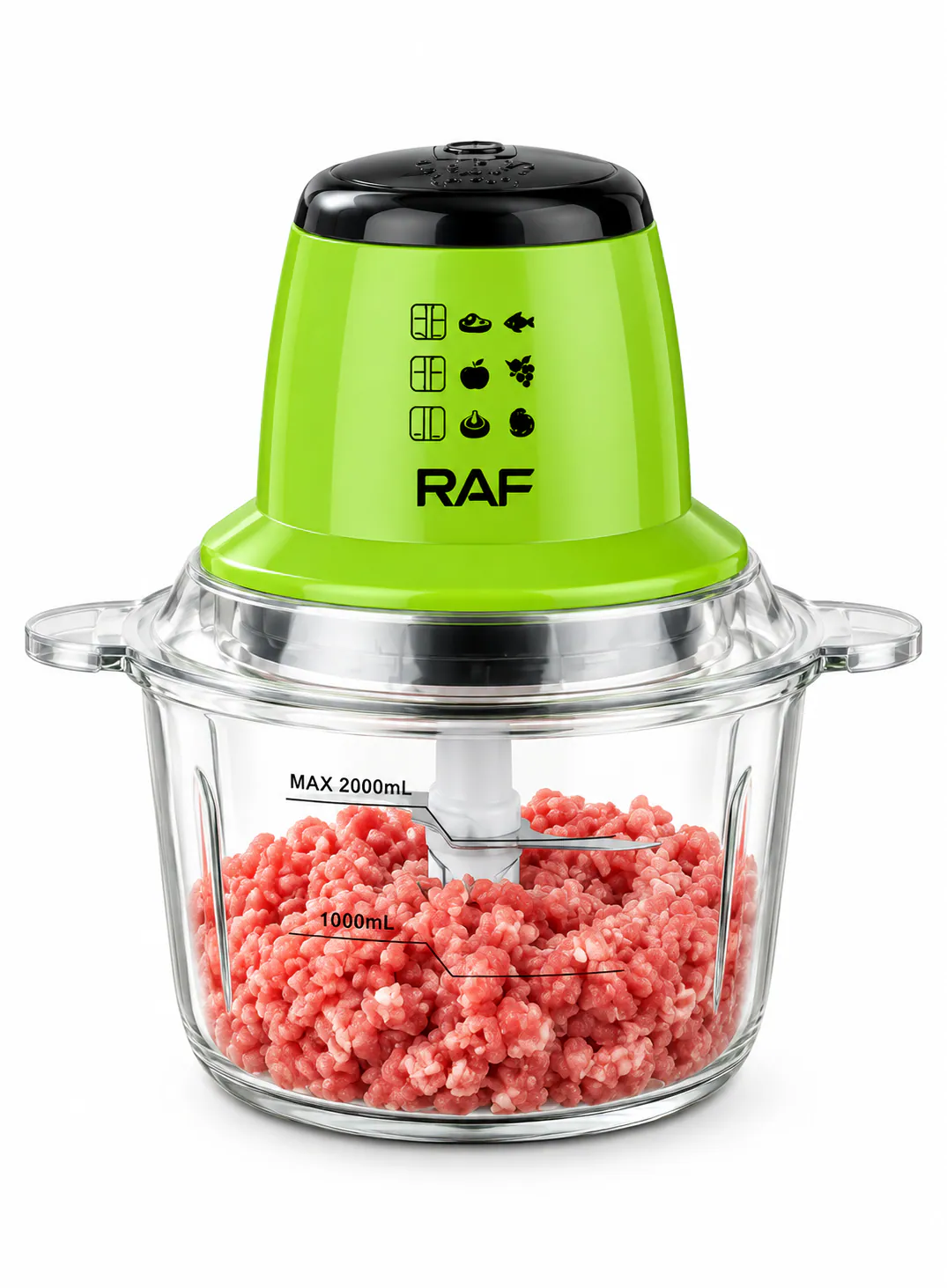 فرامة وخلاط طعام كهربائية RAF R.7039 سعة 2 لتر – مفرمة لحوم وخضار بقوة 600W مع وعاء زجاجي و3 شفرات ستانلس ستيل