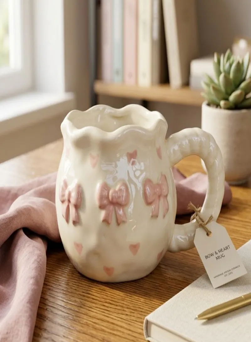 300ml Bow Heat-Retaining Ceramic Mug (D8 × H9cm) – Off White – Elegant Tulip Bow Coffee & Tea Cup