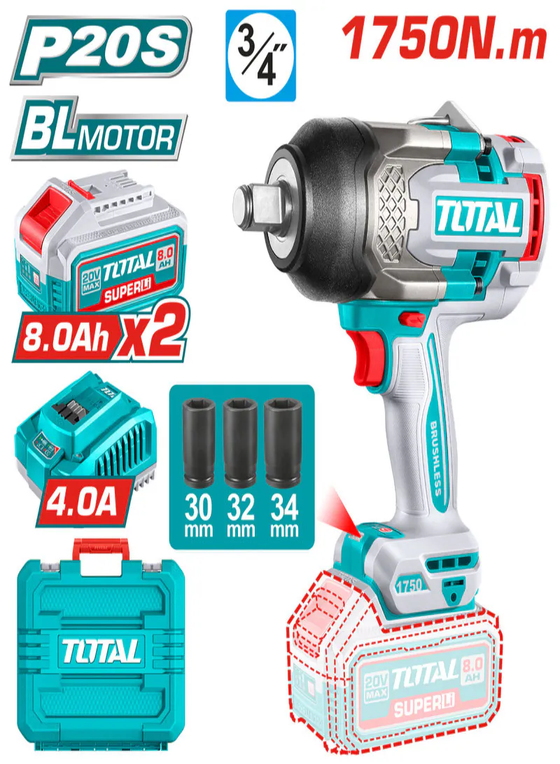 Total 20V Brushless Cordless Impact Wrench 3/4" 1750Nm with 2×8.0Ah Batteries
