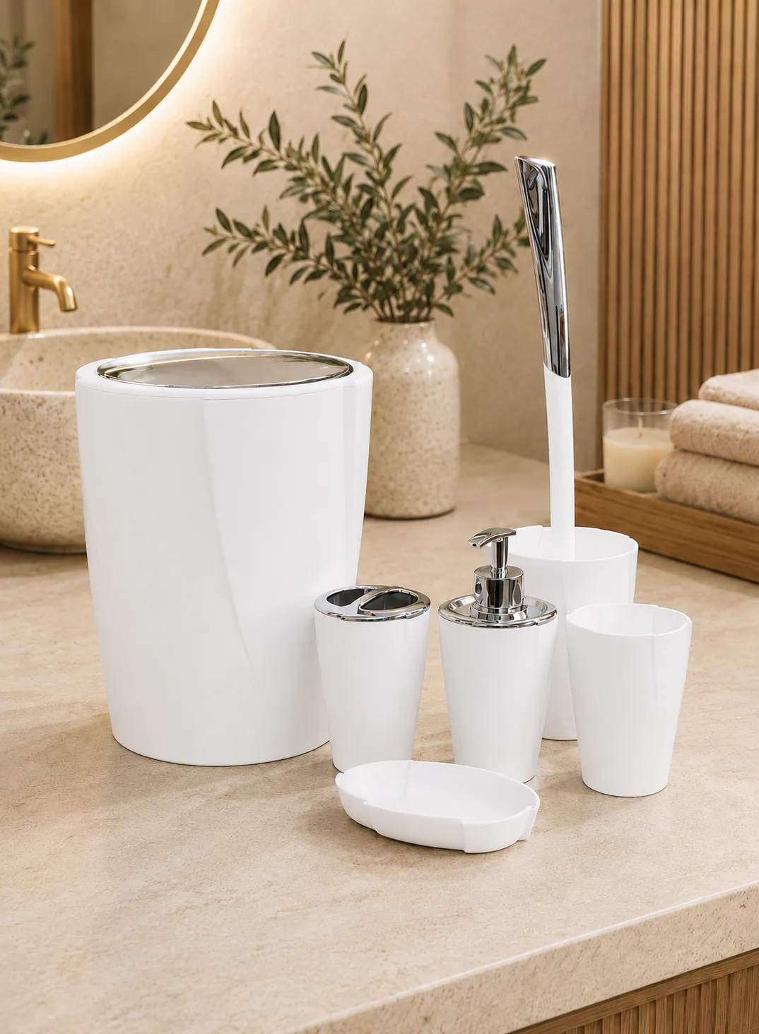 6-Piece Modern Bathroom Accessories Set with Silver Details – White