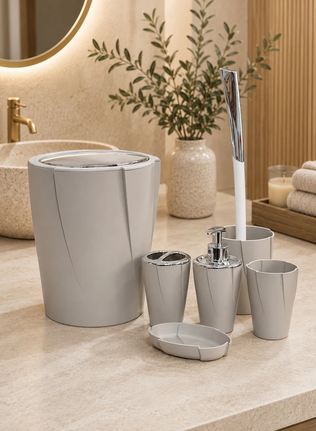 6-Piece Modern Bathroom Accessories Set with Silver Details – Beige