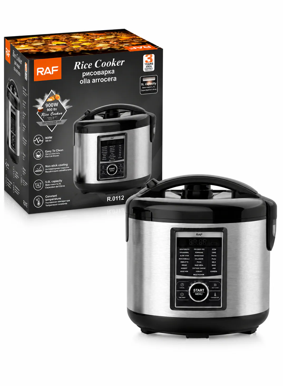 RAF R.0112 Multi Rice Cooker 5L – 900W with Digital LED Display & Timer Control 2