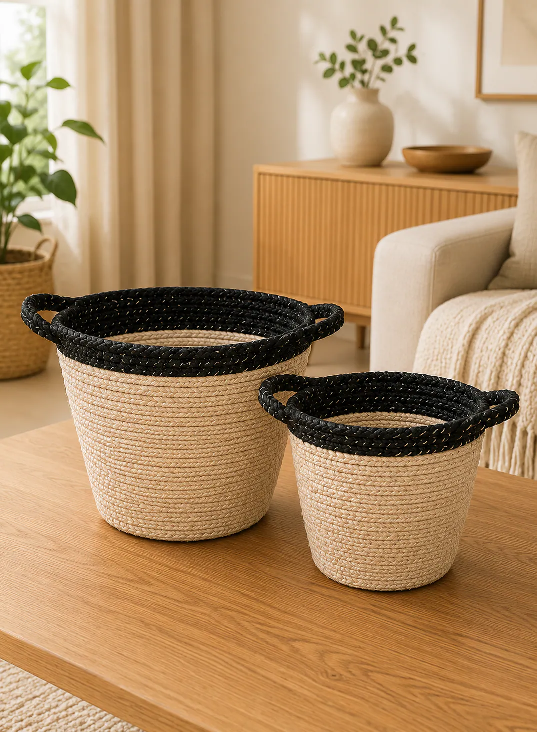 Bamboo Basket Set 2 Pieces – Natural & Black Woven Storage Baskets with Handles