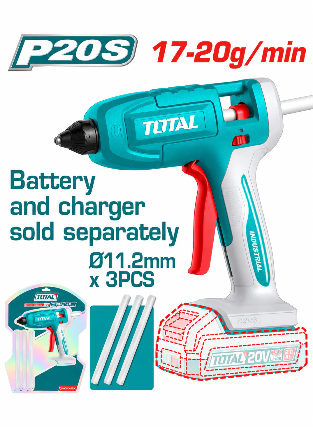 TOTAL 20V Cordless Hot Glue Gun – 17–20 g/min Glue Output – 11.2mm Glue Sticks – P20S (Tool Only)