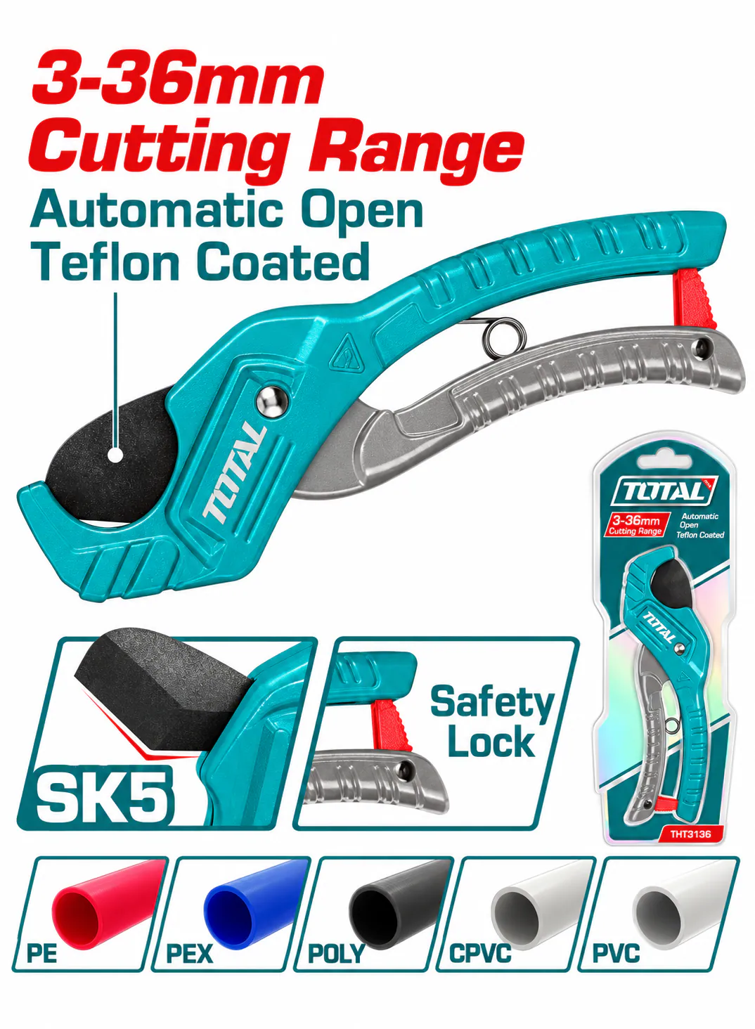 TOTAL 3–36mm PVC Pipe Cutter – Automatic Open with SK5 Blade
