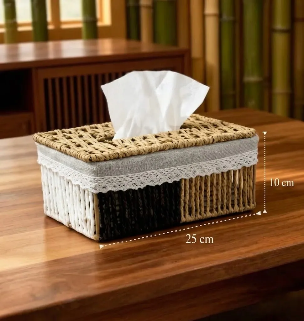 Elegant Handwoven Tissue Box Cover & Storage Basket Set – Natural Wicker with Fabric Lining-1 2
