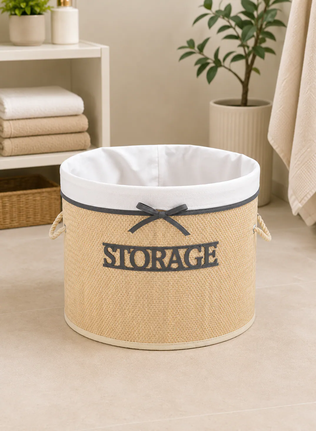 Bamboo Storage Basket 35×30cm – Natural Woven Organizer Basket with Fabric Lining