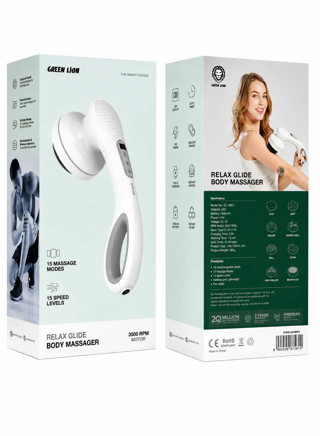 Green Lion Relax Glide Body Massager with 15 Speed Levels, 8 Massage Heads & 1.5-Hour Runtime – White 2