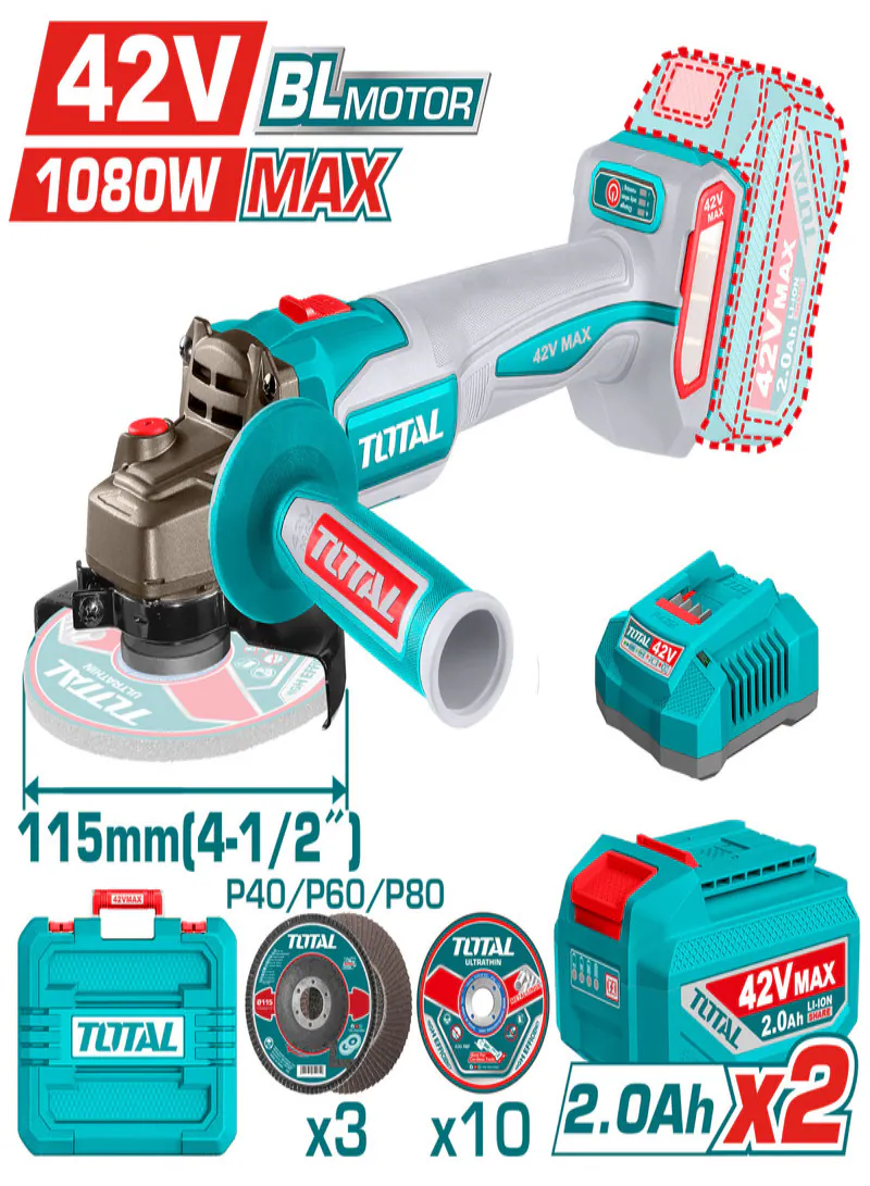 TOTAL 42V Brushless Cordless Angle Grinder with 2 Batteries & Carrying Case – 1080W
