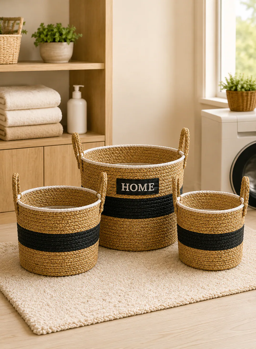 Seagrass Basket Set 3 Pieces – Natural & Black Woven Laundry Storage Baskets with Handles
