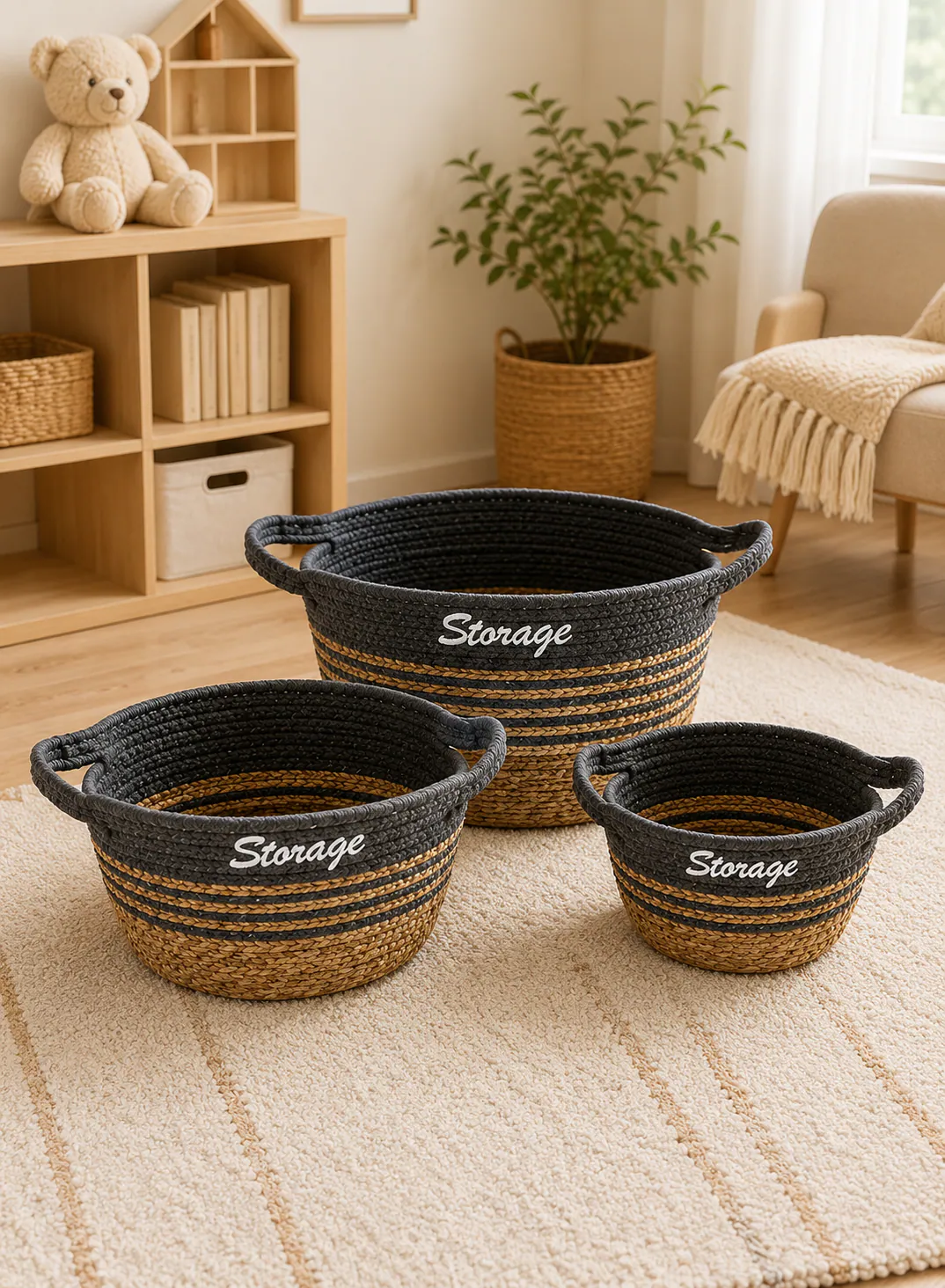 Seagrass Basket Set 3 Pieces – Natural & Black Woven Storage Baskets with Handles