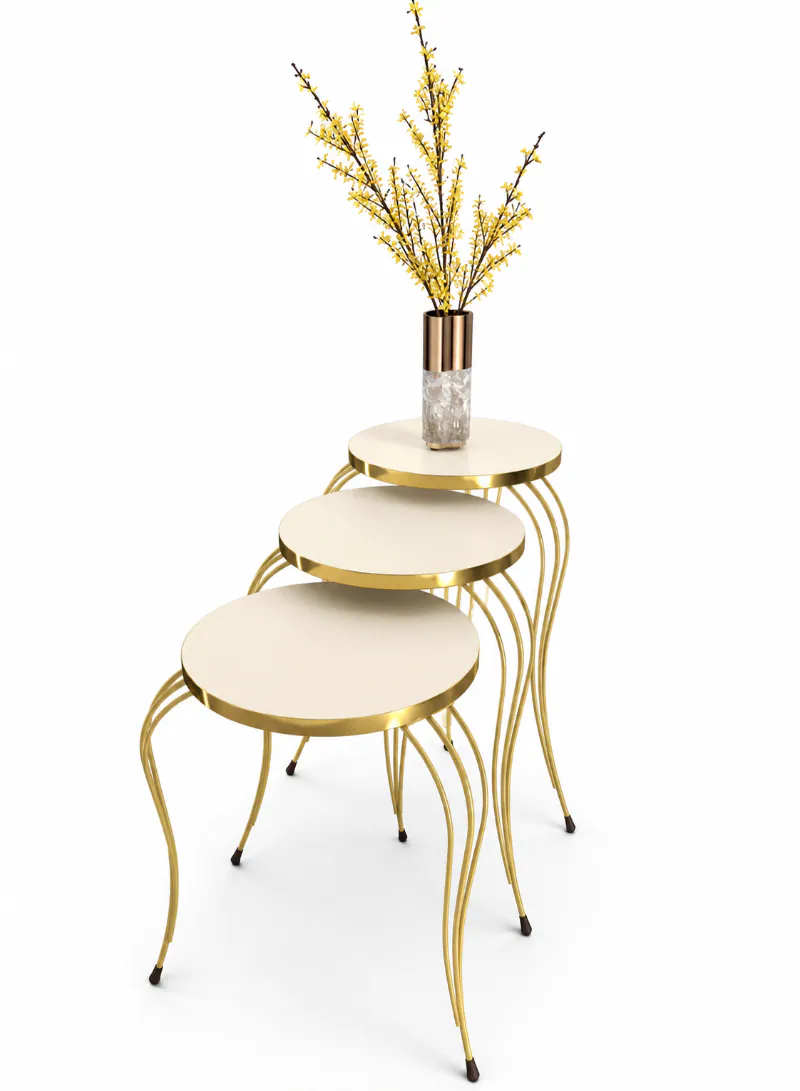 3-Piece Nesting Table Set – Cream Color Top with Gold Metal Legs