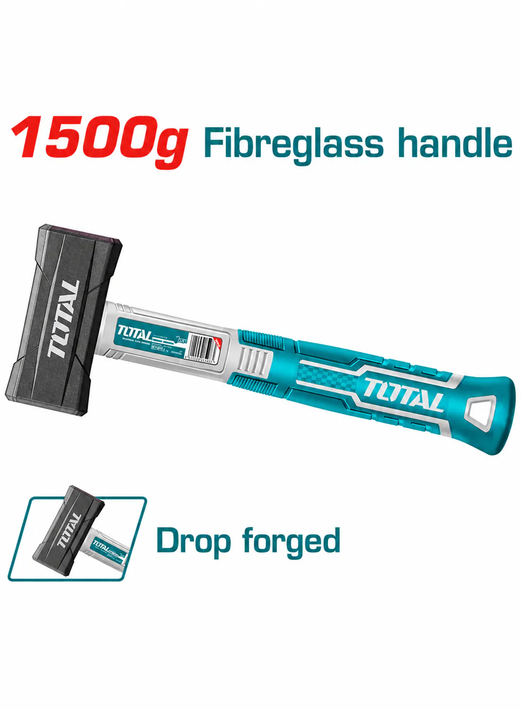 TOTAL 1500g Heavy-Duty Stone Hammer – Drop-Forged Steel Head – Fiberglass Handle – Industrial Club Hammer