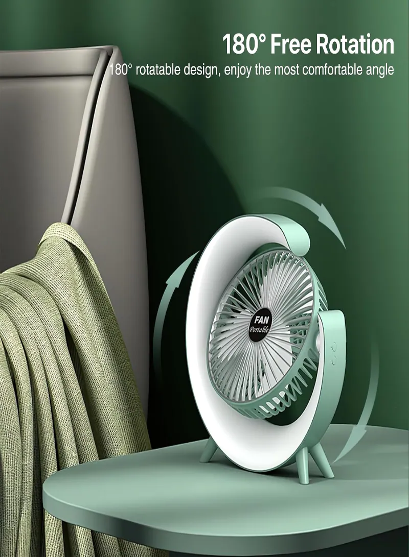 360° Rotatable Desk Fan with Table Lamp – 3-Speed Rechargeable Fan with Ambient Colorful Night Light, 1800mAh 3