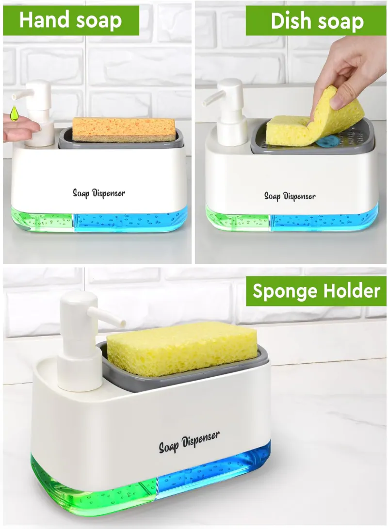 Dual Soap Dispenser Set with Sponge Holder – 3-in-1 Kitchen Sink Hand & Dish Soap Pump Dispenser (White) 4