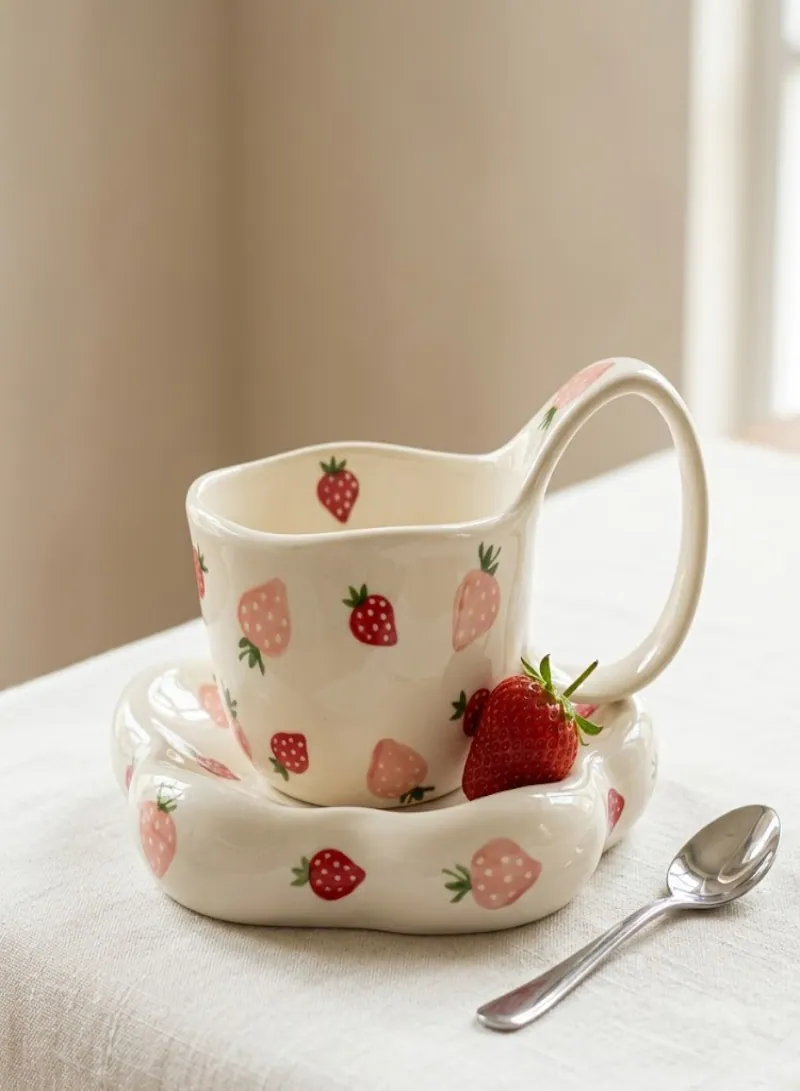260ml Strawberry Ceramic Mug with Matching Saucer – Cute Aesthetic Coffee & Tea Cup Set with Handle – Gift & Home Use