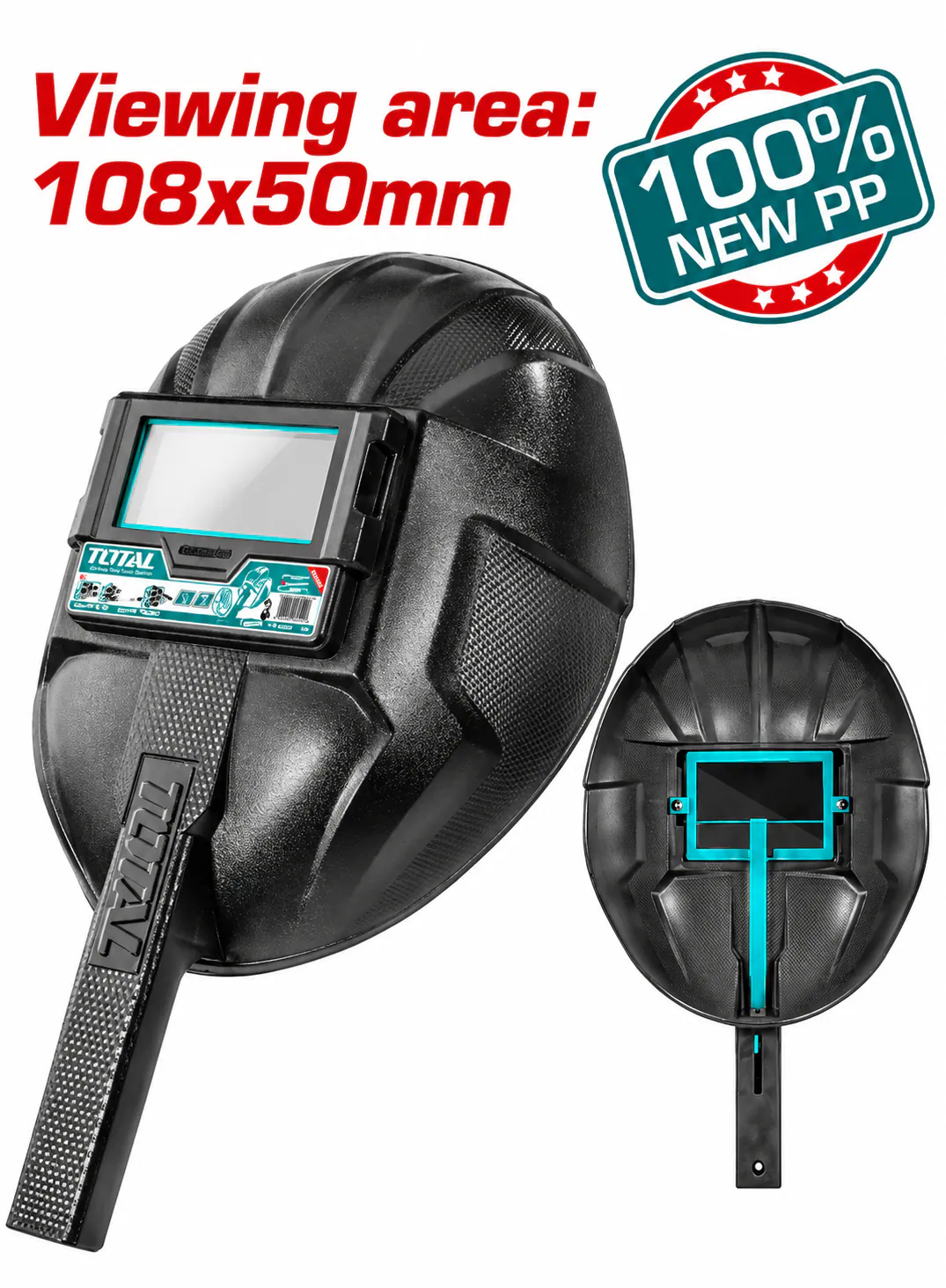 TOTAL Handheld Welding Helmet – 108×50mm Viewing Area – 100% New PP Material – Fixed Welding Lens – Ergonomic Handle – Heavy-Duty Industrial Welding Face Shield