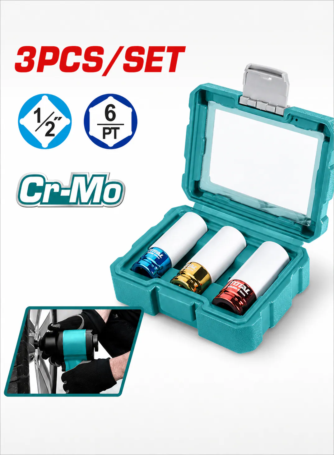 TOTAL 3-Piece Non-Marring Lug Nut Socket Set 17/19/21mm | CR-MO with Nylon Sheath