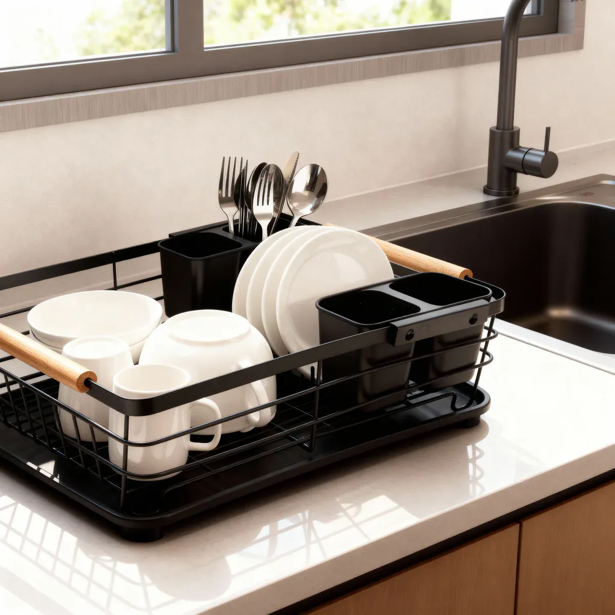 Compact Dish Drying Rack with Wooden Handles 2