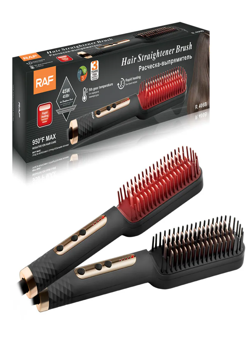 RAF R.406B Hair Straightener Brush – Fast Heating Hair Straightening Brush with 5 Temperature Settings