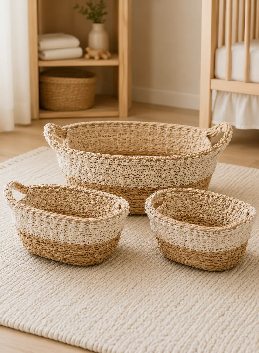 Seagrass Basket Set 3 Pieces – Natural & White Woven Storage Baskets with Handles