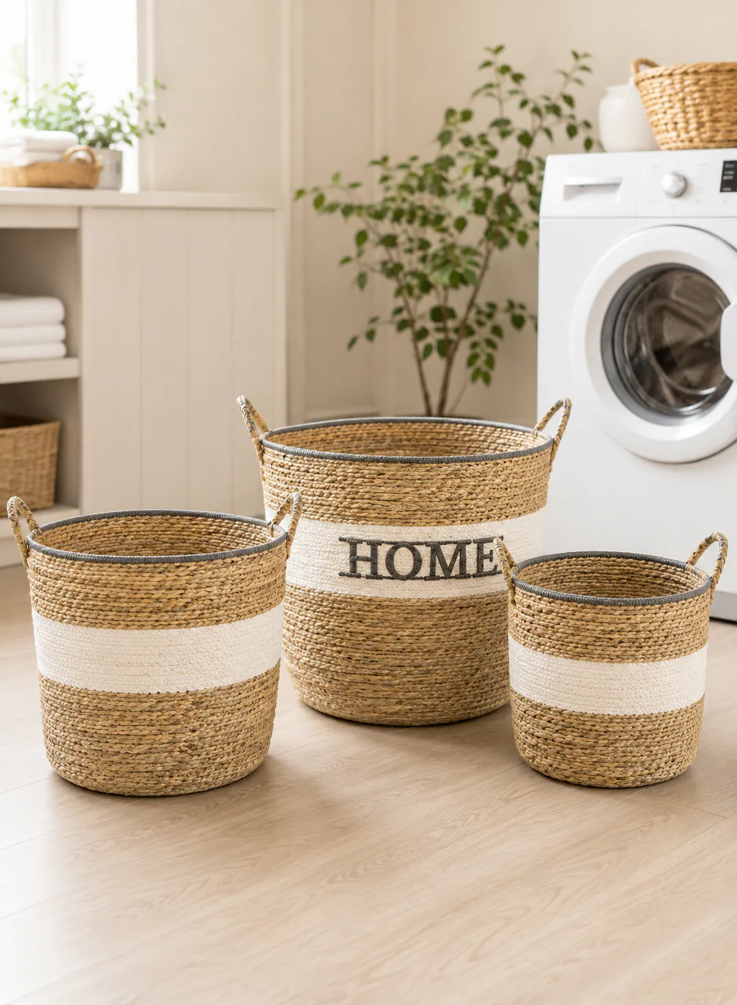 Seagrass Basket Set 3 Pieces – Natural & White Woven Laundry Storage Baskets with Handles
