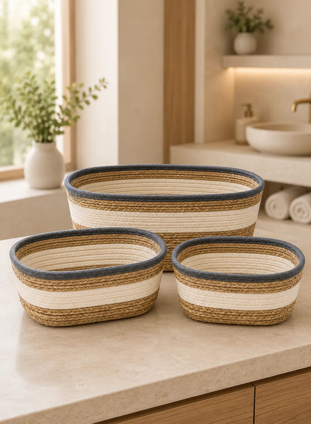 3-Piece Seagrass Basket Set – Natural, White & Grey Woven Storage Baskets