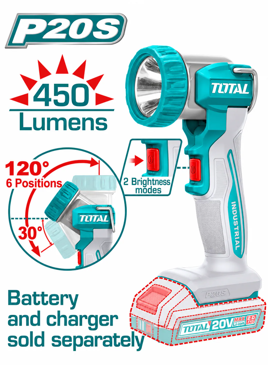 TOTAL 20V Cordless LED Flashlight – 450 Lumens (Tool Only)
