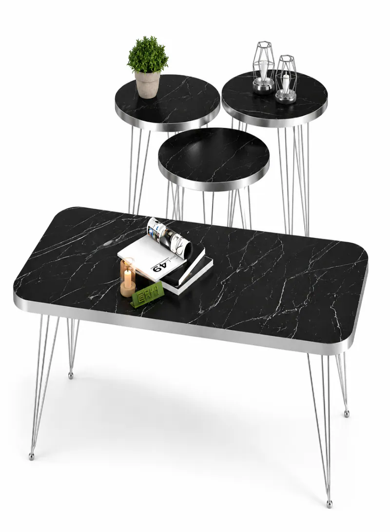 Modern Nesting Coffee Table Set - ( Marble Black - Silver Side)