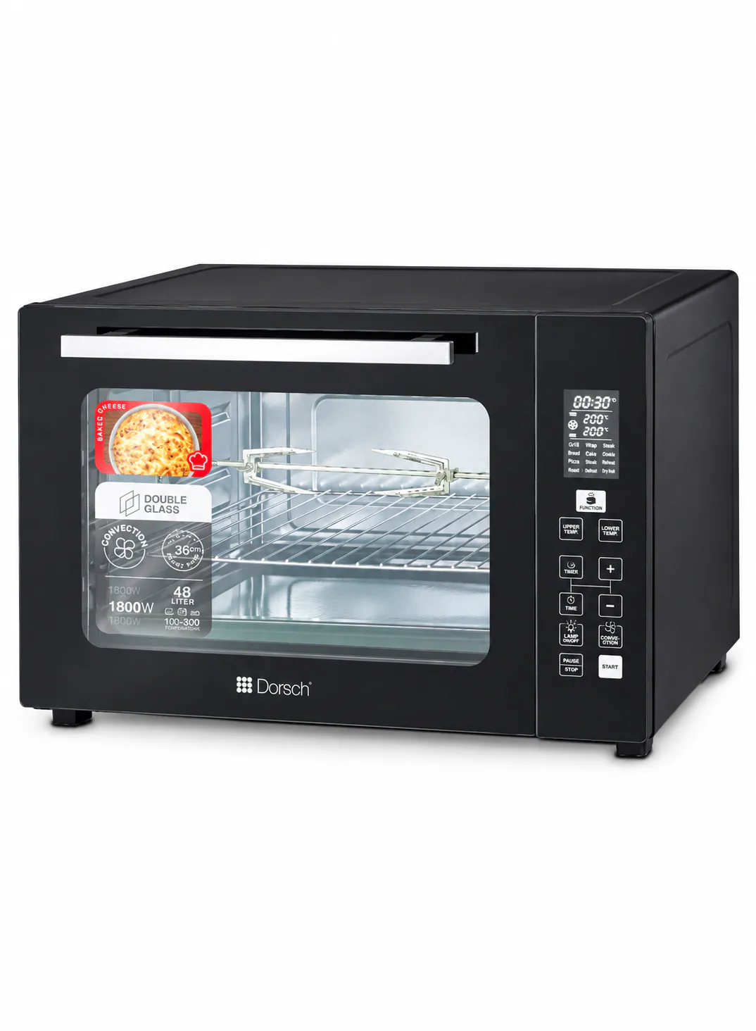 فرن كهربائي Dorsch سعة 48 لتر بقوة 1800 واط مع Convection وباب زجاج مزدوج ومؤقت 60 دقيقة