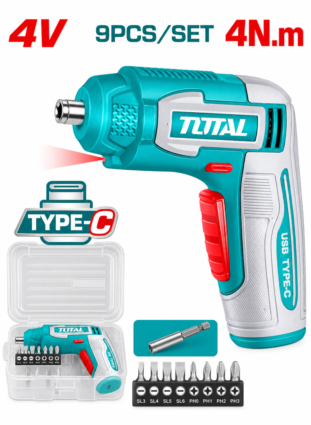 TOTAL 4V Cordless Screwdriver Set – 4Nm with 9 Accessories