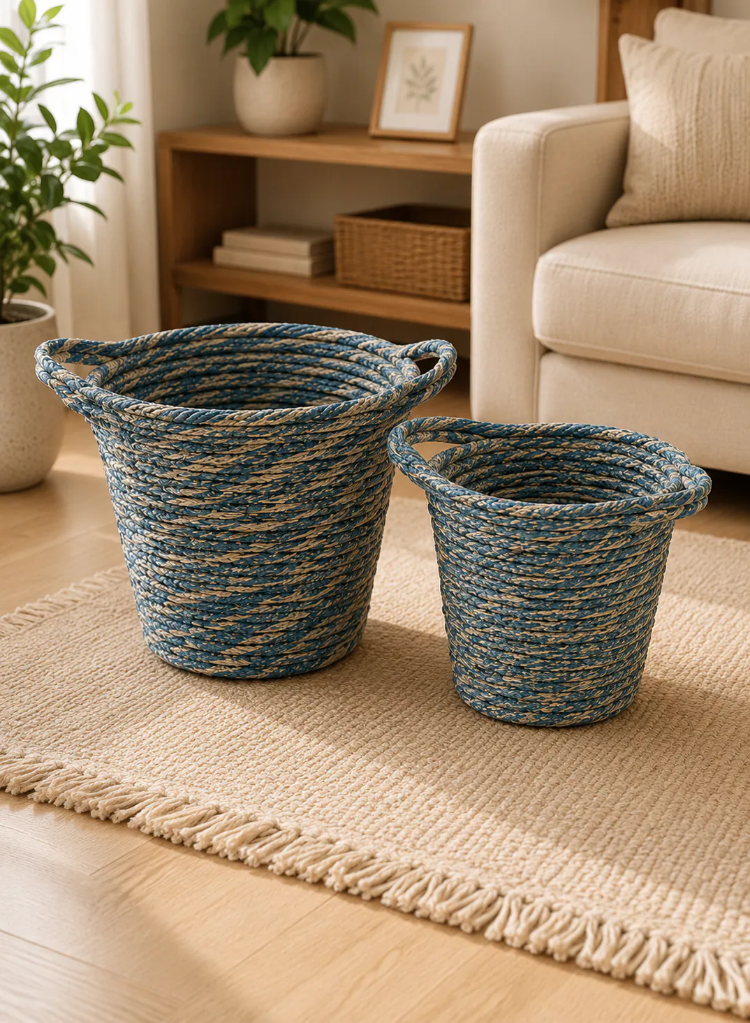 2-Piece Bamboo Basket Set – Blue & Natural Beige Woven Storage Baskets