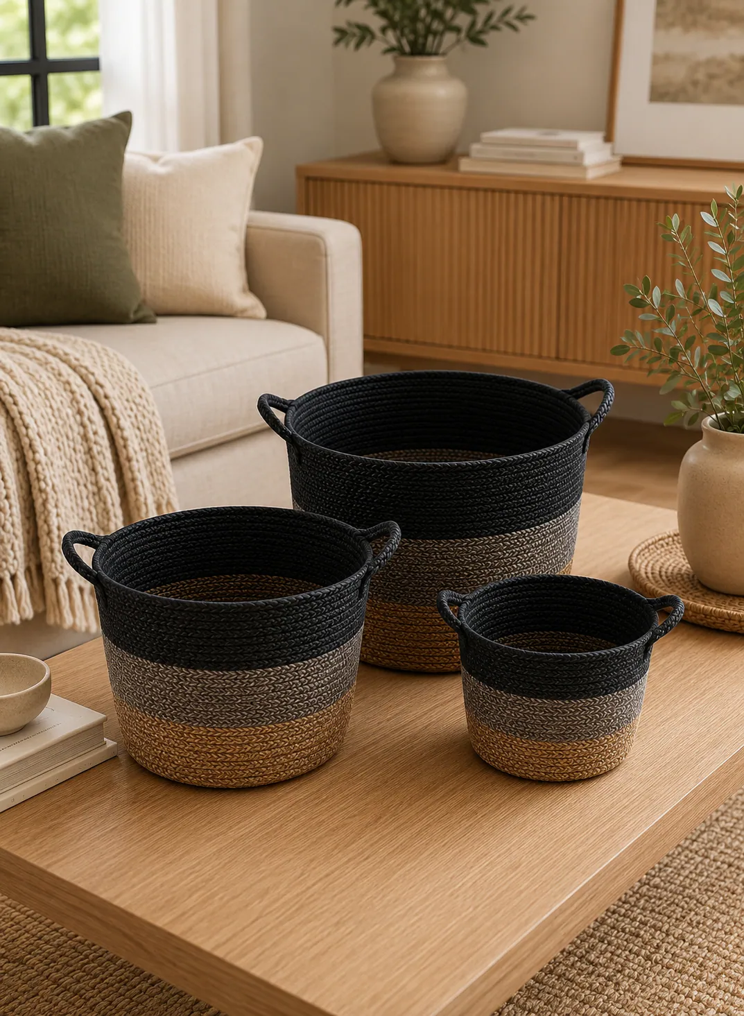 Bamboo Basket Set 3 Pieces – Black, Grey & Brown Woven Storage Baskets with Handles