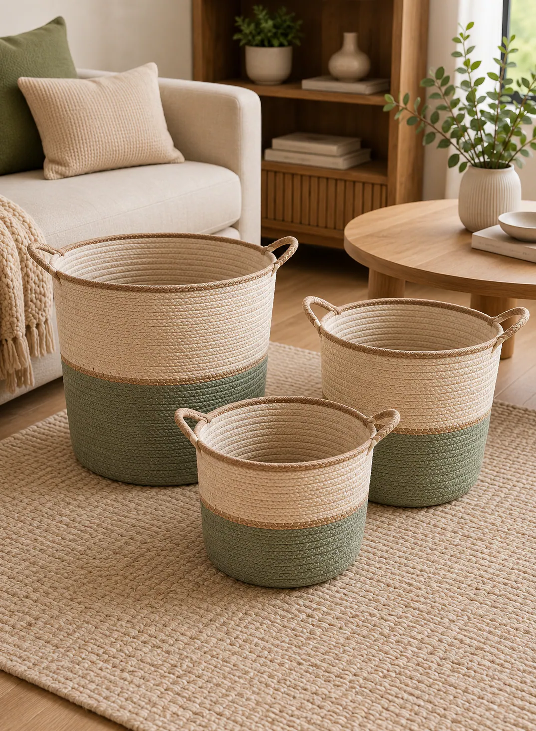 Bamboo Basket Set 3 Pieces – Natural & Green Woven Storage Baskets with Handles