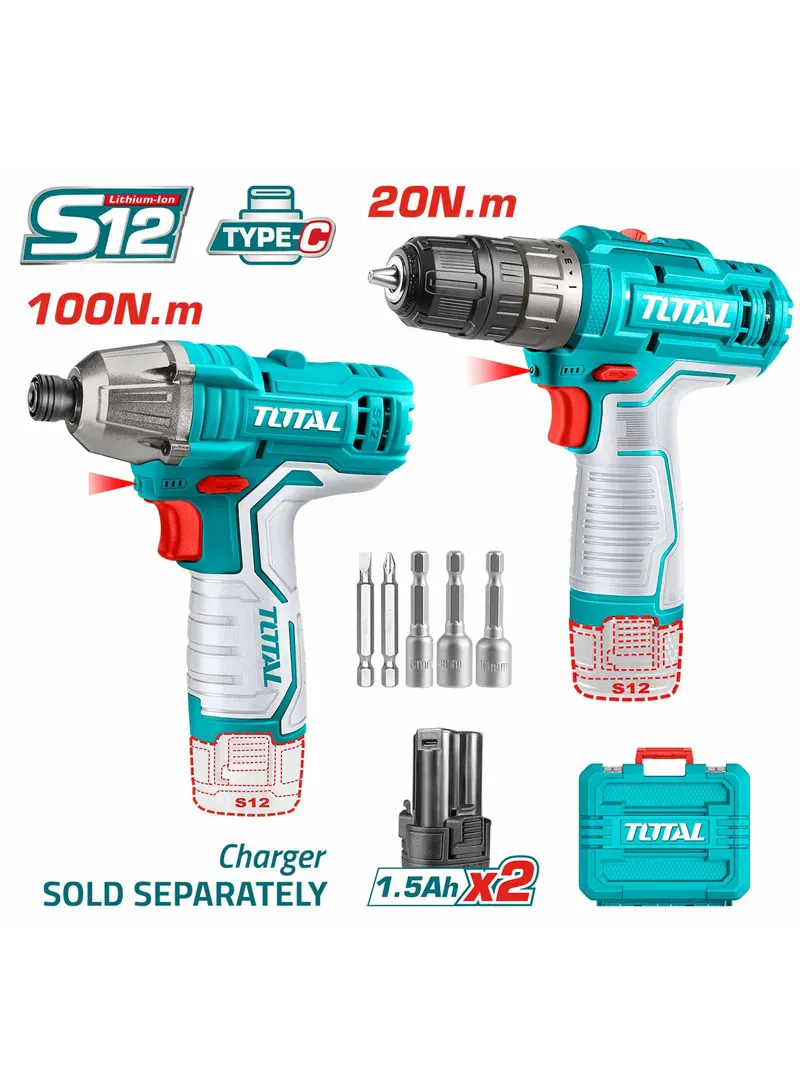 Total 12V Li-ion Combo Kit – Cordless Drill & Impact Driver (2 Pcs Set)