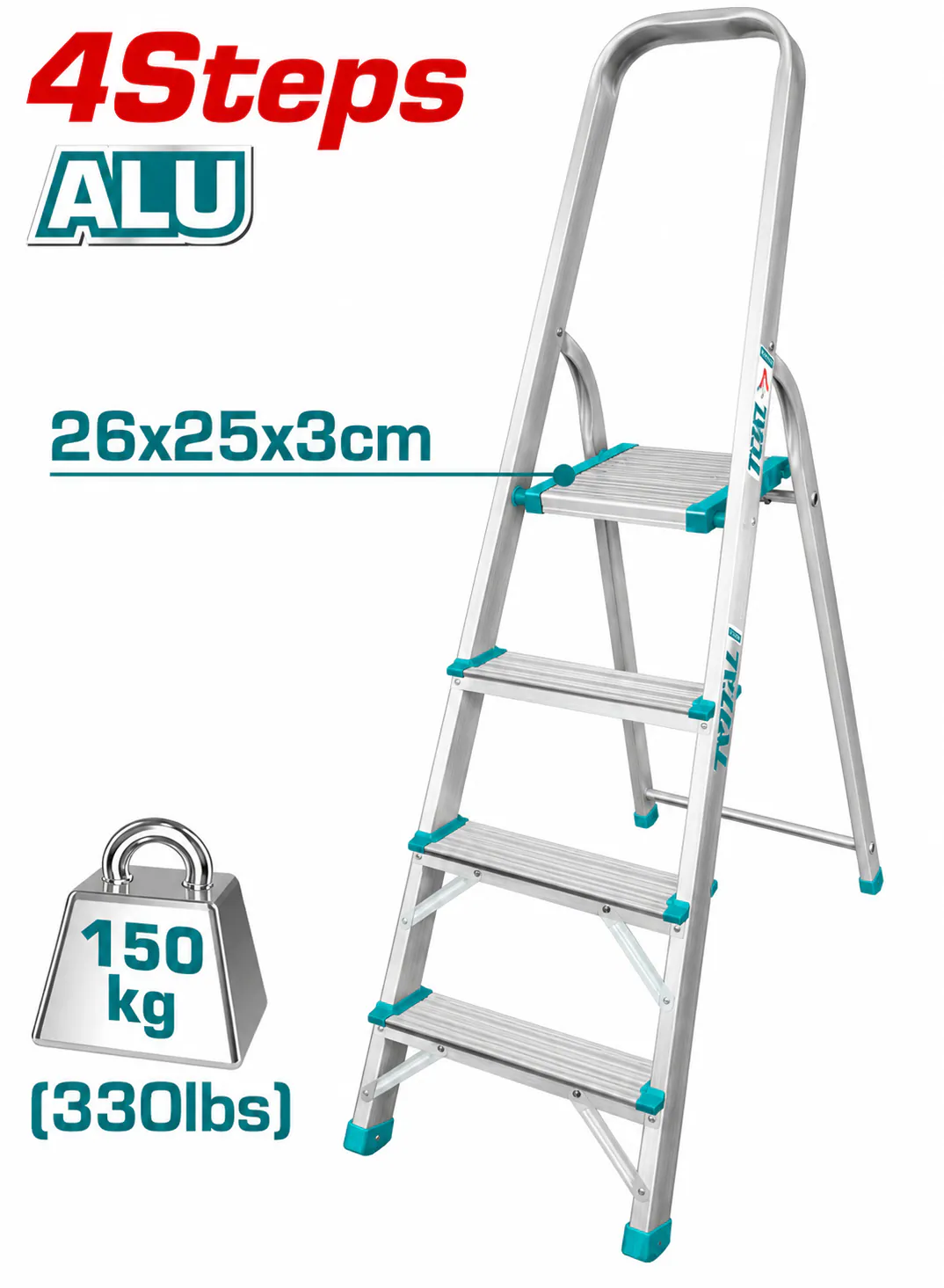 TOTAL 4-Step Aluminum Household Ladder – 150kg (330lbs) Load Capacity – 26×25×3cm Top Platform – Foldable A-Frame Step Ladder with Safety Handrail – Heavy-Duty Home Ladder