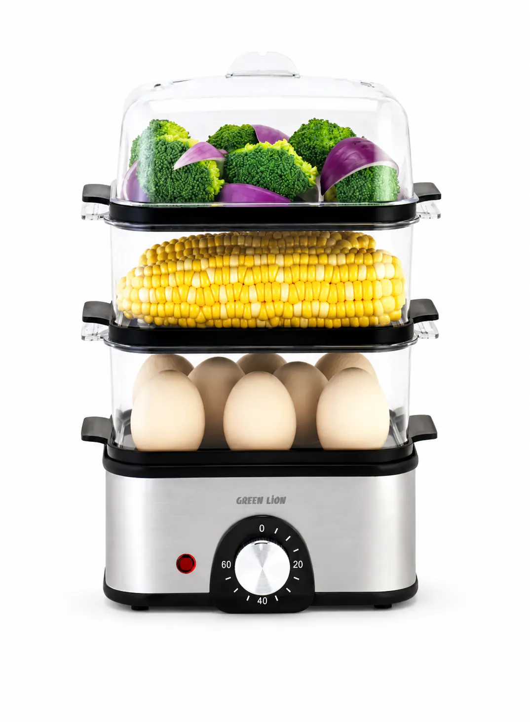Green Lion 3-Tier Egg Cooker & Vegetable Steamer 500W with 16-Egg Capacity and 1L Steam Rack – Gray