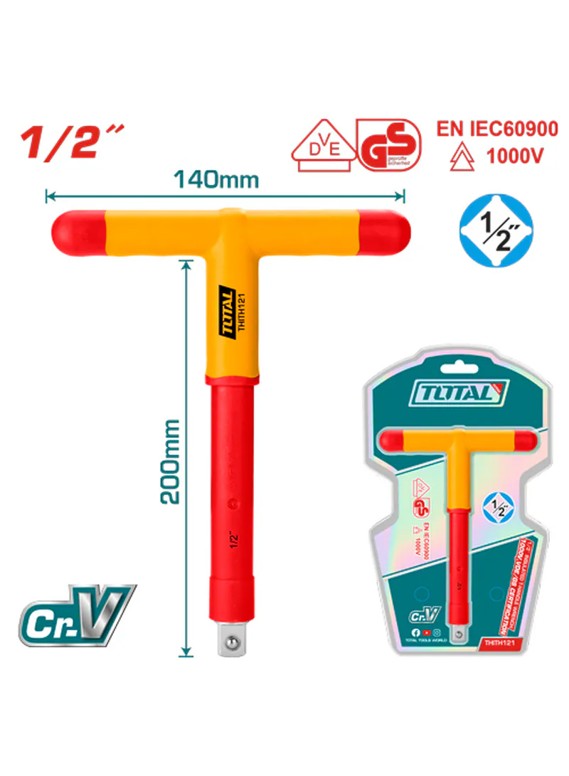 TOTAL 1/2" VDE Insulated T-Handle Socket Wrench – 1000V – Cr-V Steel – 200mm Length – 140mm Handle Width – EN IEC 60900 – Heavy-Duty Electrician T-Handle