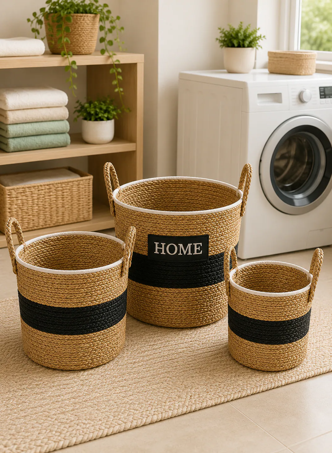 Seagrass Basket Set 3 Pieces – Natural & Black Woven Laundry Storage Baskets with Handles