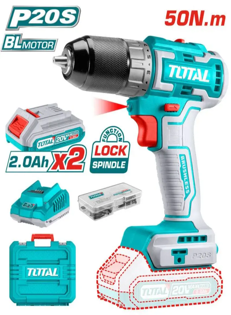  Total 20V Brushless Cordless Drill Kit with 2 Batteries, 47 Accessories & Plastic Case