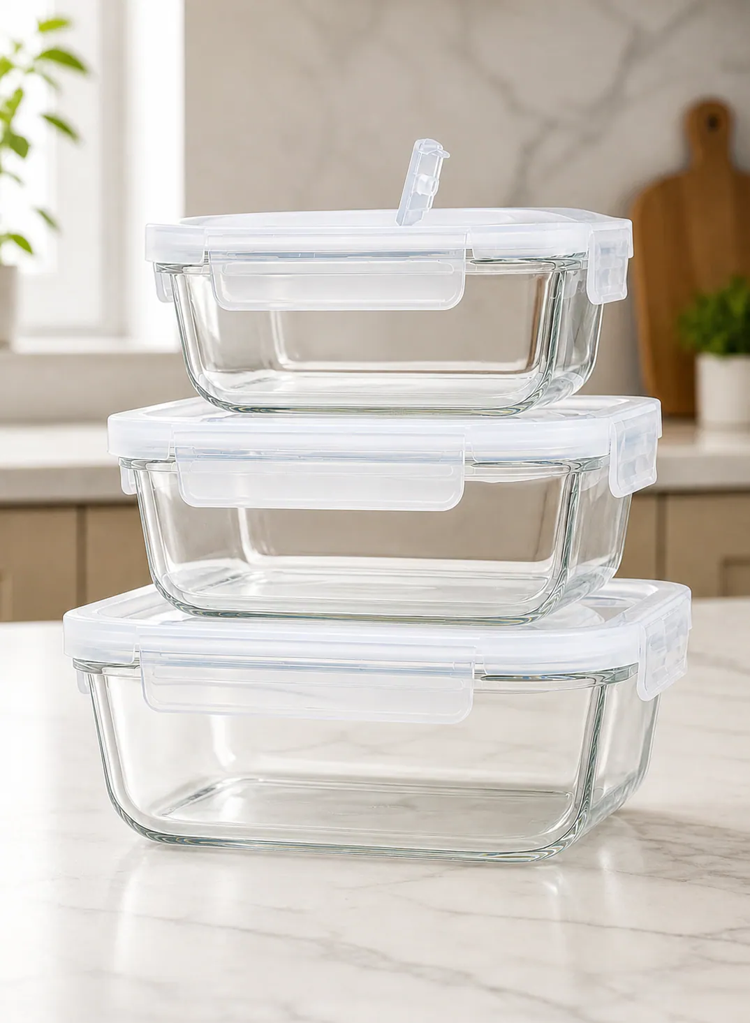 3-Piece Borosilicate Glass Food Container Set with Locking Lids – 410ml / 680ml / 1040ml 2