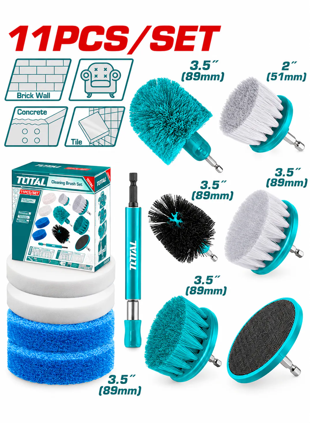 TOTAL 11PCS Drill Cleaning Brush Set – 2" & 3.5" Brushes – 360° Cleaning Brushes – Scrubbing Pads, Sponges & Extension Holder – TACB1101