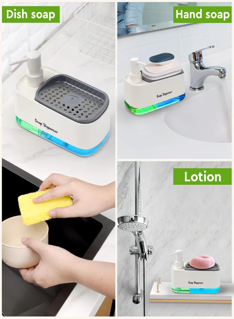 Dual Soap Dispenser Set with Sponge Holder – 3-in-1 Kitchen Sink Hand & Dish Soap Pump Dispenser (White) 5