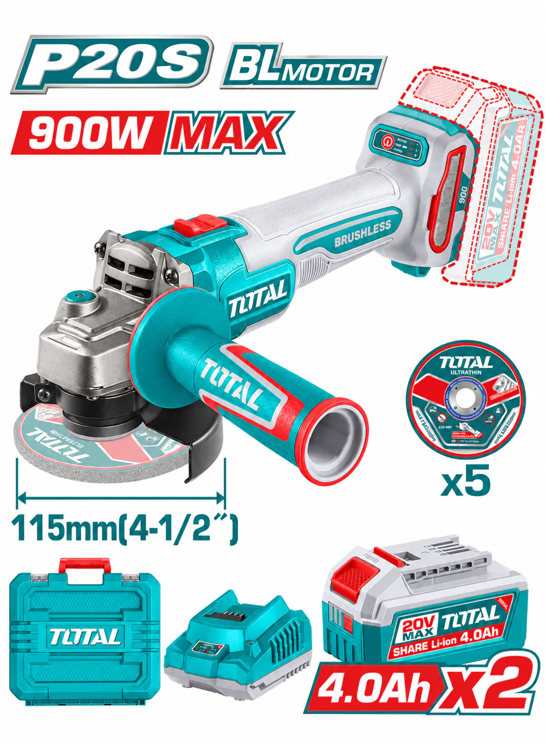 TOTAL 20V Brushless Cordless Angle Grinder – 900W MAX, 115mm (4.5") with 2 Batteries