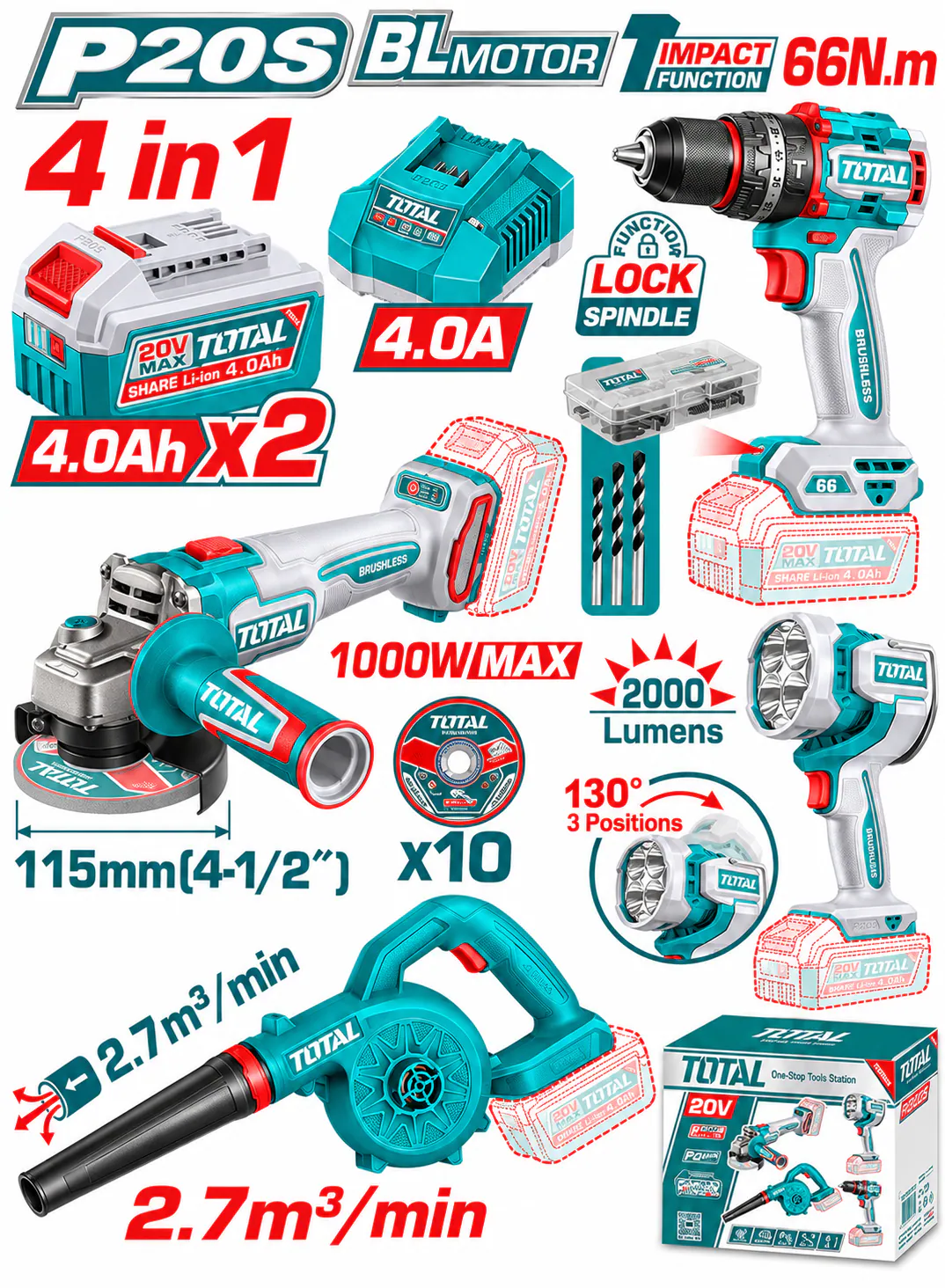 TOTAL 20V Cordless 4-Piece Combo Tool Kit with Angle Grinder
