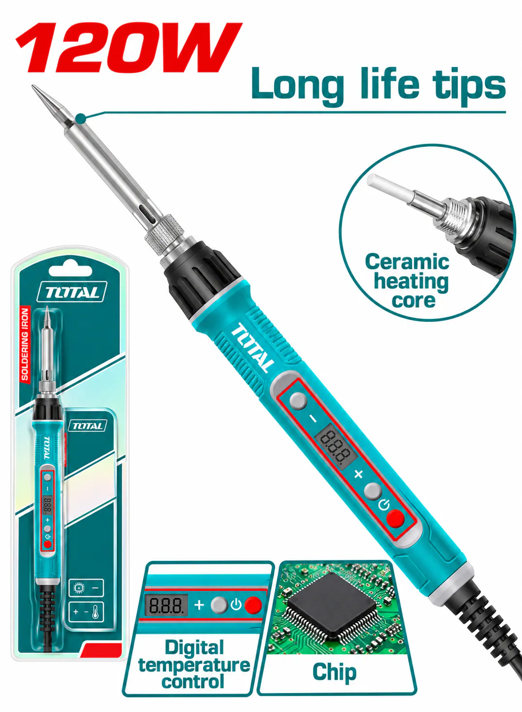 TOTAL 120W Digital Temperature-Controlled Soldering Iron – Adjustable Heat Settings – Ceramic Heating Core – LED Digital Display – Industrial Electric Soldering Tool