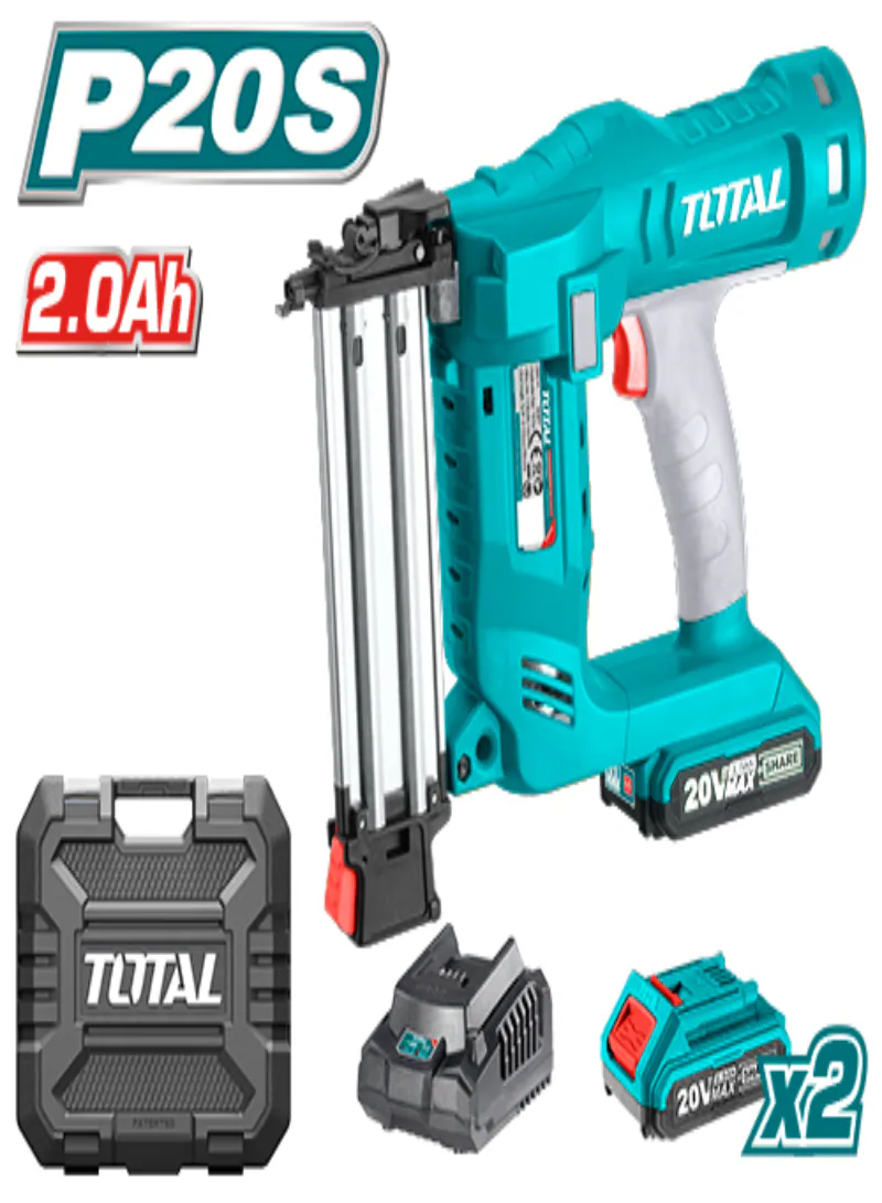 Total 20V Cordless Brad Nailer F15–F50 with 2×2.0Ah Batteries & Charger