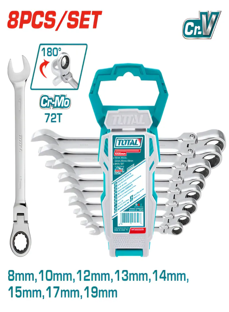 TOTAL 8-Piece Flexible Ratchet Combination Spanner Set – 8mm to 19mm
