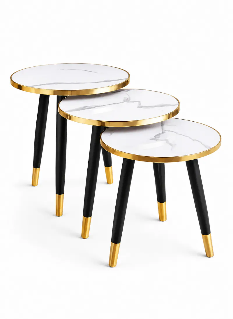3-Piece Nesting Table Set – White Marble-Effect MDF Top with Gold & Black Metal Legs