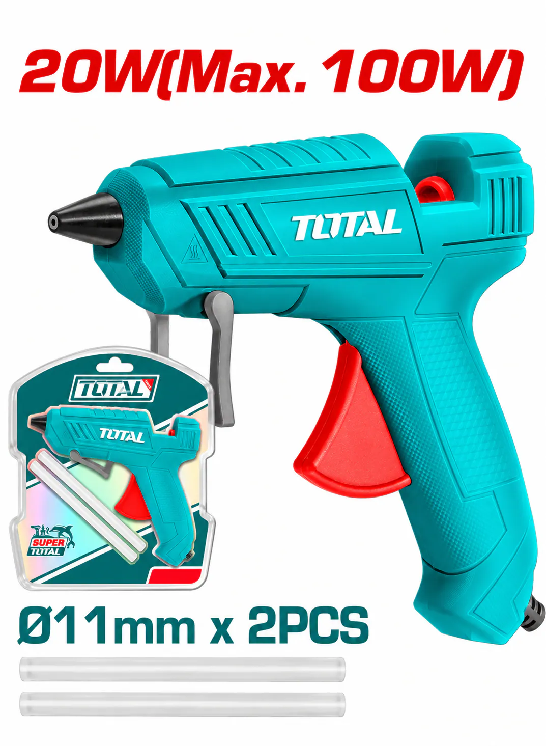 TOTAL 100W Electric Hot Glue Gun – 20W Rated Power (Max. 100W) – 11mm Glue Sticks – Corded Hot Melt Glue Gun with 2 Glue Sticks
